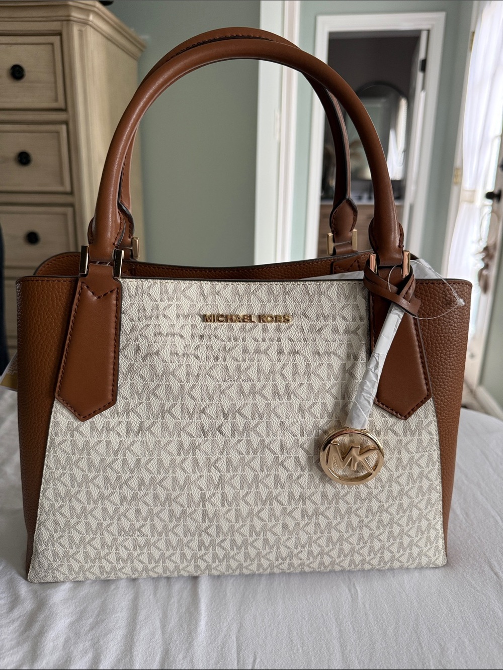 Michael Kors Brown & Cream Signature Satchel with Gold Hardware